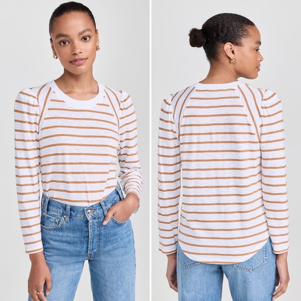 Veronica Beard Mason Striped Long Sleeve Baseball T-Shirt in White/Camel Size M